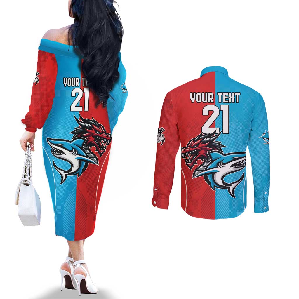 Custom Sharks-Dragons Rugby Couples Matching Off The Shoulder Long Sleeve Dress and Long Sleeve Button Shirt With Sporty Style