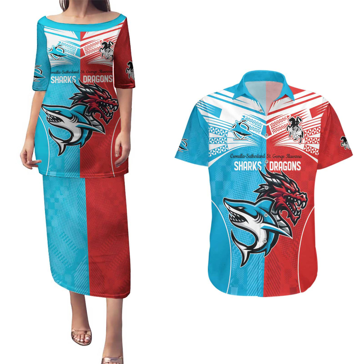 Custom Sharks-Dragons Rugby Couples Matching Puletasi and Hawaiian Shirt With Sporty Style