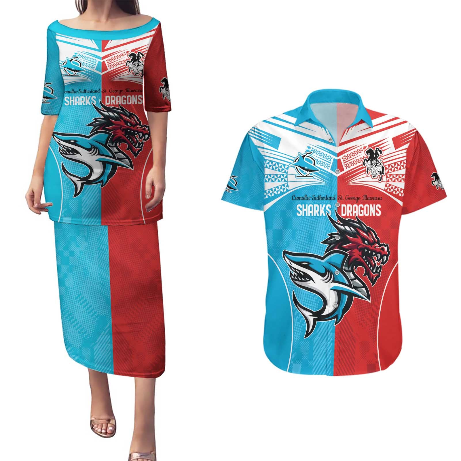 Custom Sharks-Dragons Rugby Couples Matching Puletasi and Hawaiian Shirt With Sporty Style