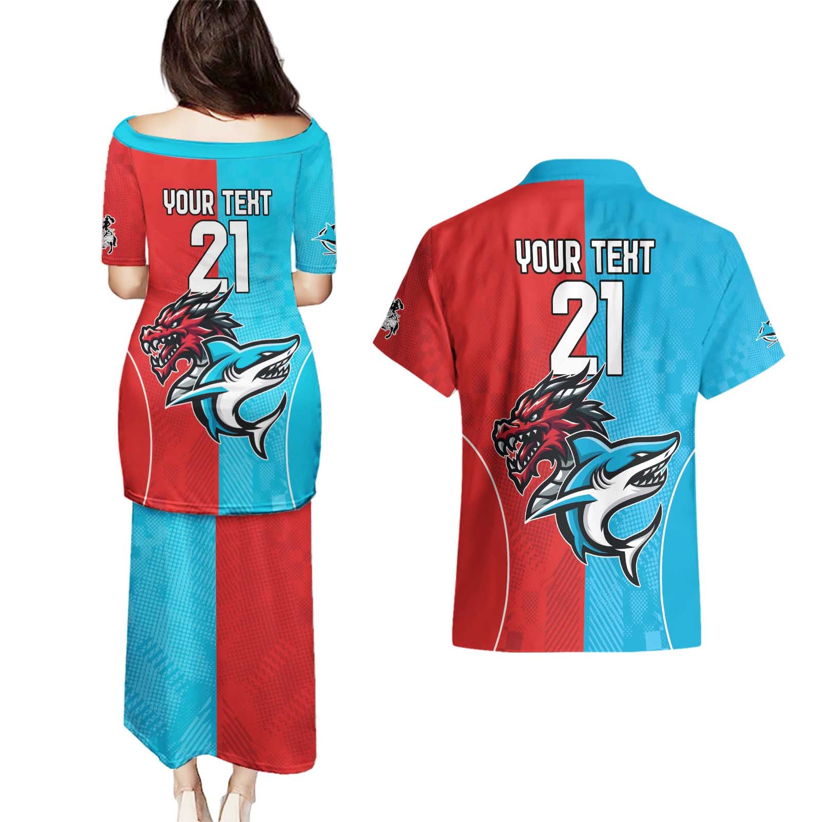 Custom Sharks-Dragons Rugby Couples Matching Puletasi and Hawaiian Shirt With Sporty Style
