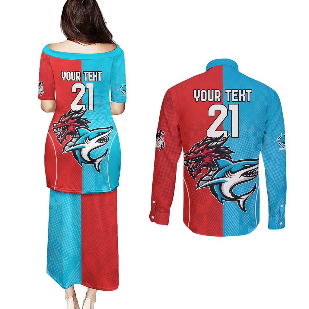 Custom Sharks-Dragons Rugby Couples Matching Puletasi and Long Sleeve Button Shirt With Sporty Style