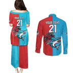 Custom Sharks-Dragons Rugby Couples Matching Puletasi and Long Sleeve Button Shirt With Sporty Style