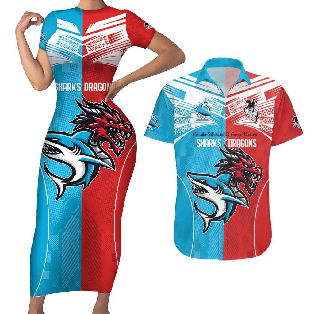Custom Sharks-Dragons Rugby Couples Matching Short Sleeve Bodycon Dress and Hawaiian Shirt With Sporty Style