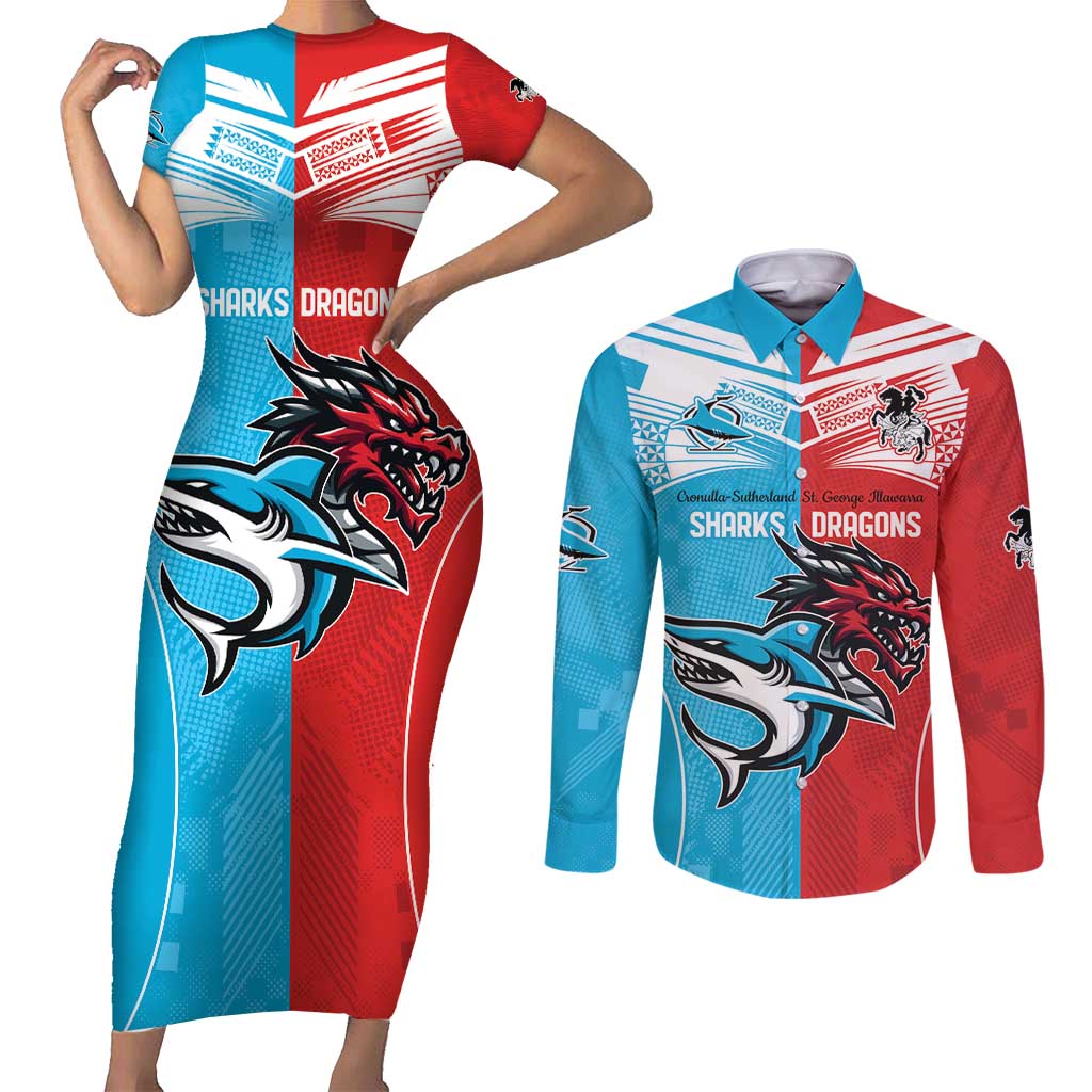 Custom Sharks-Dragons Rugby Couples Matching Short Sleeve Bodycon Dress and Long Sleeve Button Shirt With Sporty Style