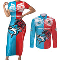 Custom Sharks-Dragons Rugby Couples Matching Short Sleeve Bodycon Dress and Long Sleeve Button Shirt With Sporty Style
