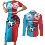 Custom Sharks-Dragons Rugby Couples Matching Short Sleeve Bodycon Dress and Long Sleeve Button Shirt With Sporty Style