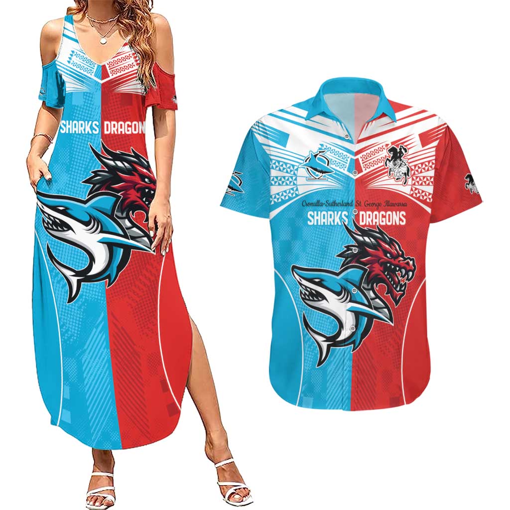 Custom Sharks-Dragons Rugby Couples Matching Summer Maxi Dress and Hawaiian Shirt With Sporty Style