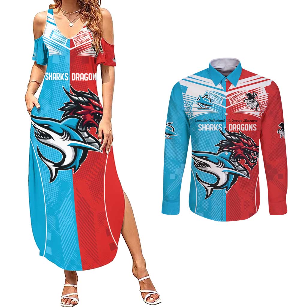 Custom Sharks-Dragons Rugby Couples Matching Summer Maxi Dress and Long Sleeve Button Shirt With Sporty Style