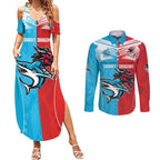 Custom Sharks-Dragons Rugby Couples Matching Summer Maxi Dress and Long Sleeve Button Shirt With Sporty Style
