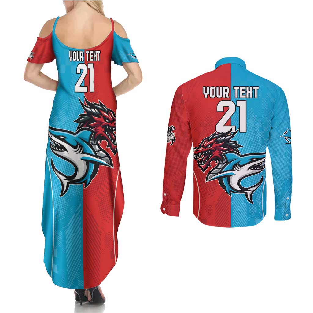 Custom Sharks-Dragons Rugby Couples Matching Summer Maxi Dress and Long Sleeve Button Shirt With Sporty Style