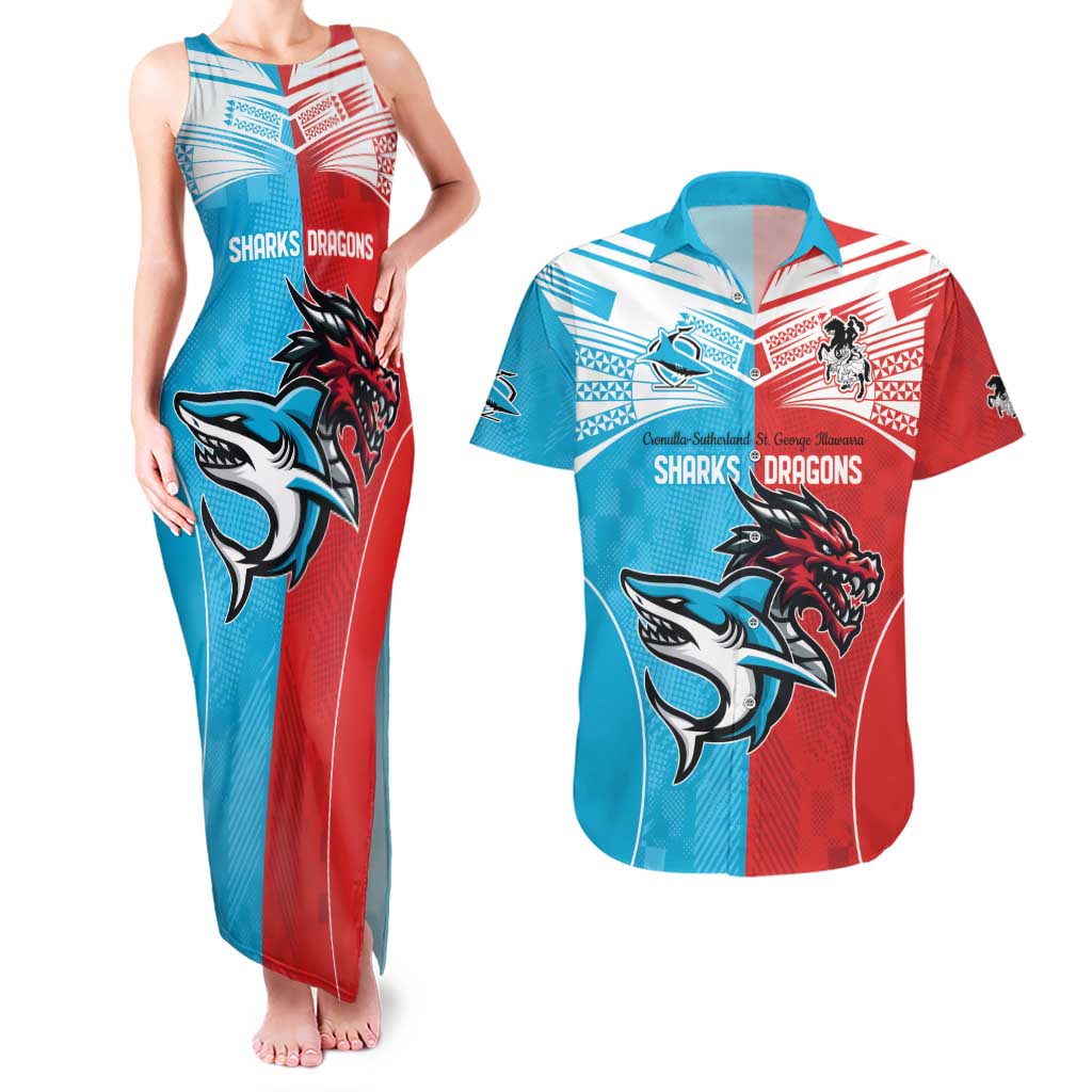 Custom Sharks-Dragons Rugby Couples Matching Tank Maxi Dress and Hawaiian Shirt With Sporty Style