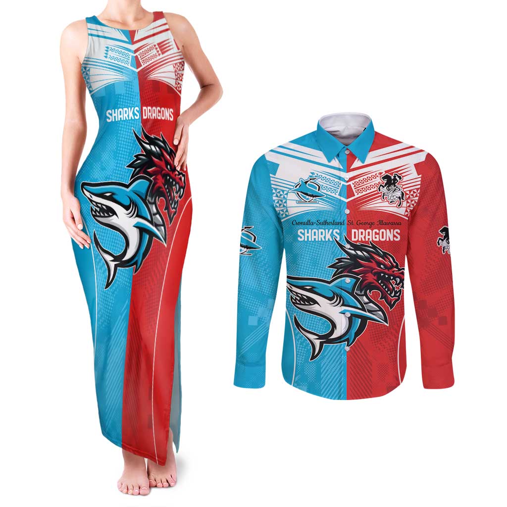 Custom Sharks-Dragons Rugby Couples Matching Tank Maxi Dress and Long Sleeve Button Shirt With Sporty Style