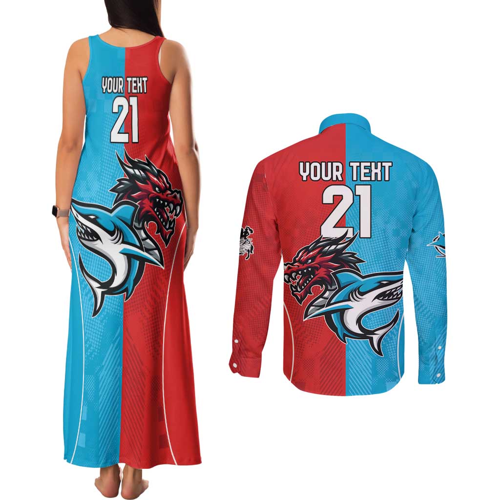 Custom Sharks-Dragons Rugby Couples Matching Tank Maxi Dress and Long Sleeve Button Shirt With Sporty Style