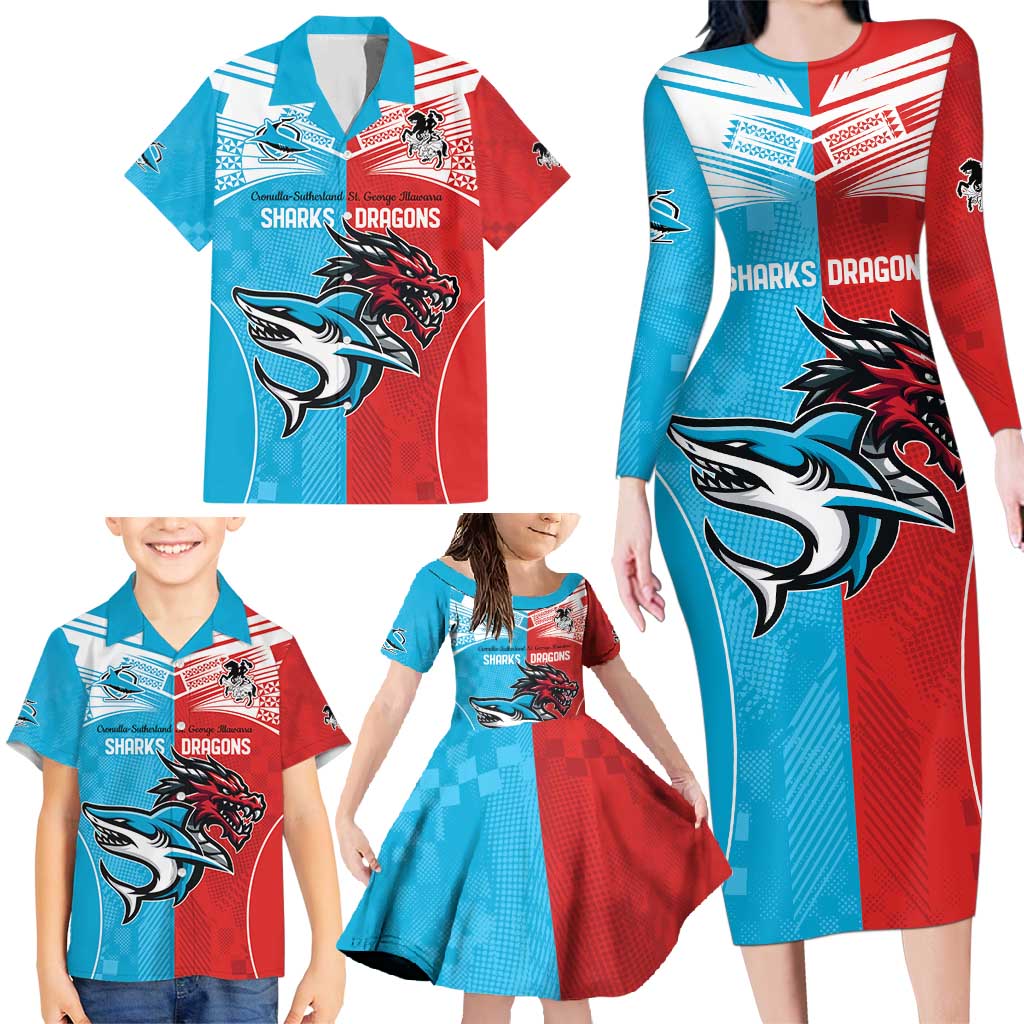 Custom Sharks-Dragons Rugby Family Matching Long Sleeve Bodycon Dress and Hawaiian Shirt With Sporty Style