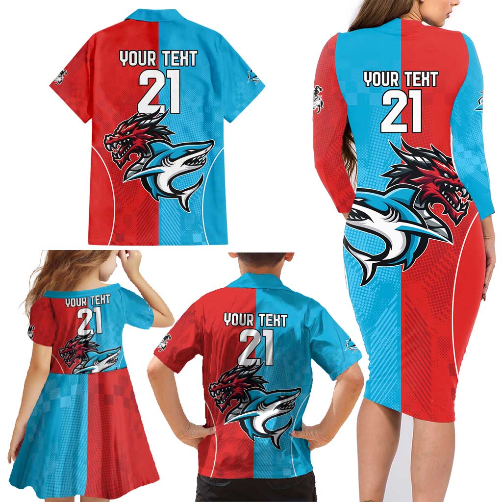 Custom Sharks-Dragons Rugby Family Matching Long Sleeve Bodycon Dress and Hawaiian Shirt With Sporty Style