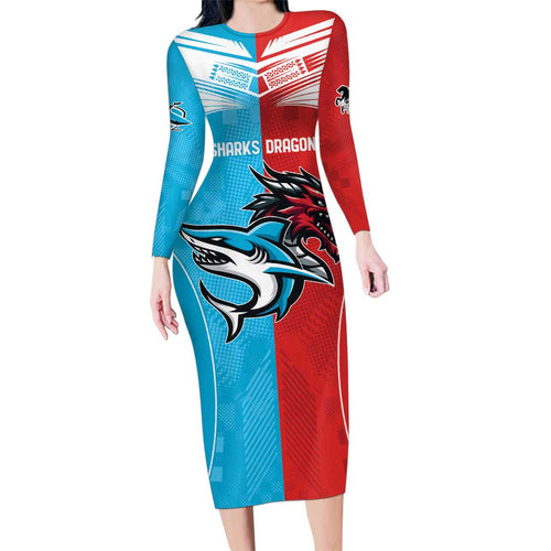 Custom Sharks-Dragons Rugby Family Matching Long Sleeve Bodycon Dress and Hawaiian Shirt With Sporty Style