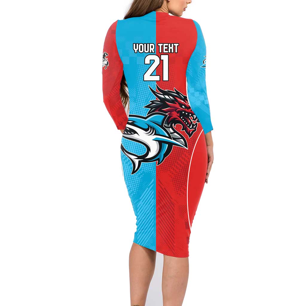 Custom Sharks-Dragons Rugby Family Matching Long Sleeve Bodycon Dress and Hawaiian Shirt With Sporty Style