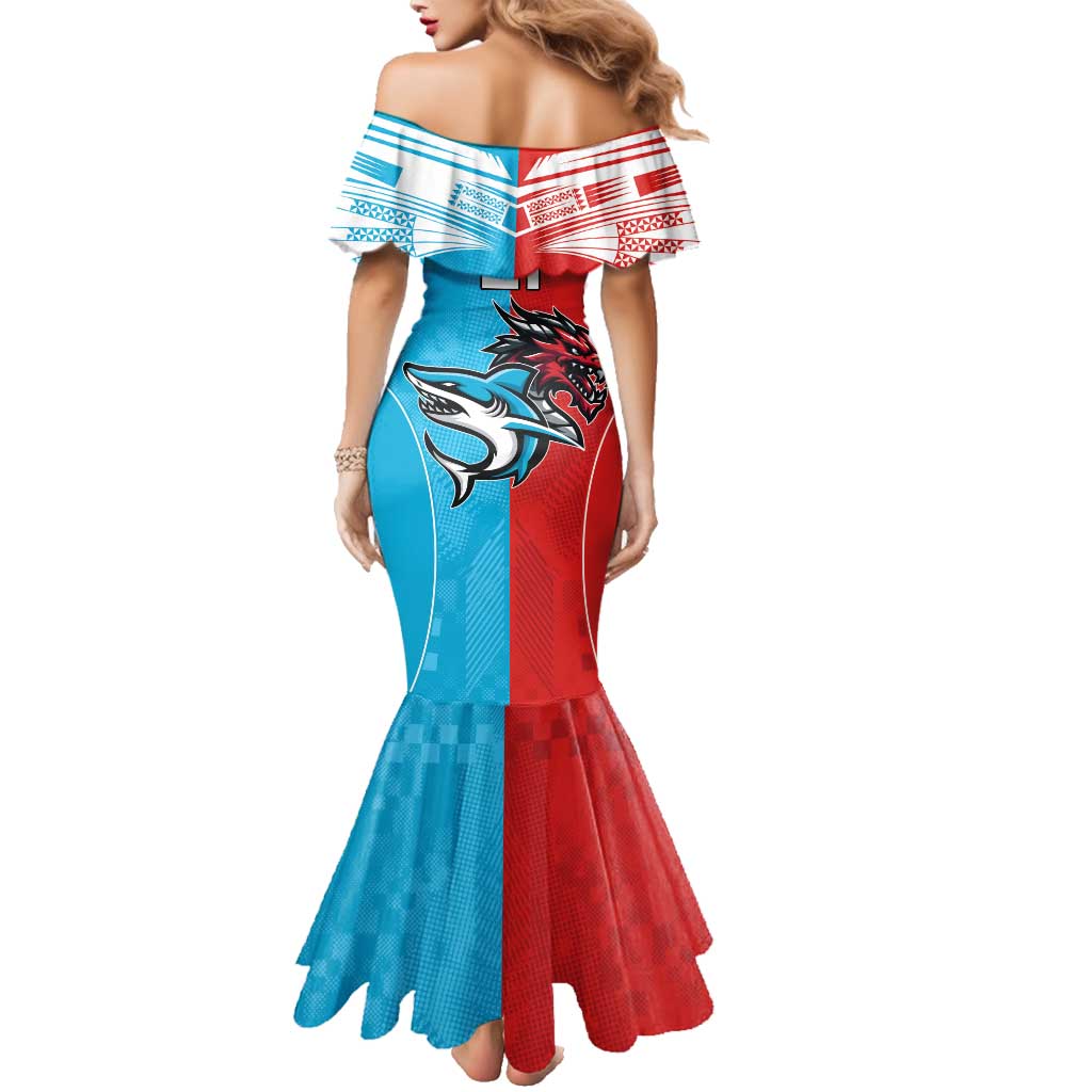 Custom Sharks-Dragons Rugby Family Matching Mermaid Dress and Hawaiian Shirt With Sporty Style