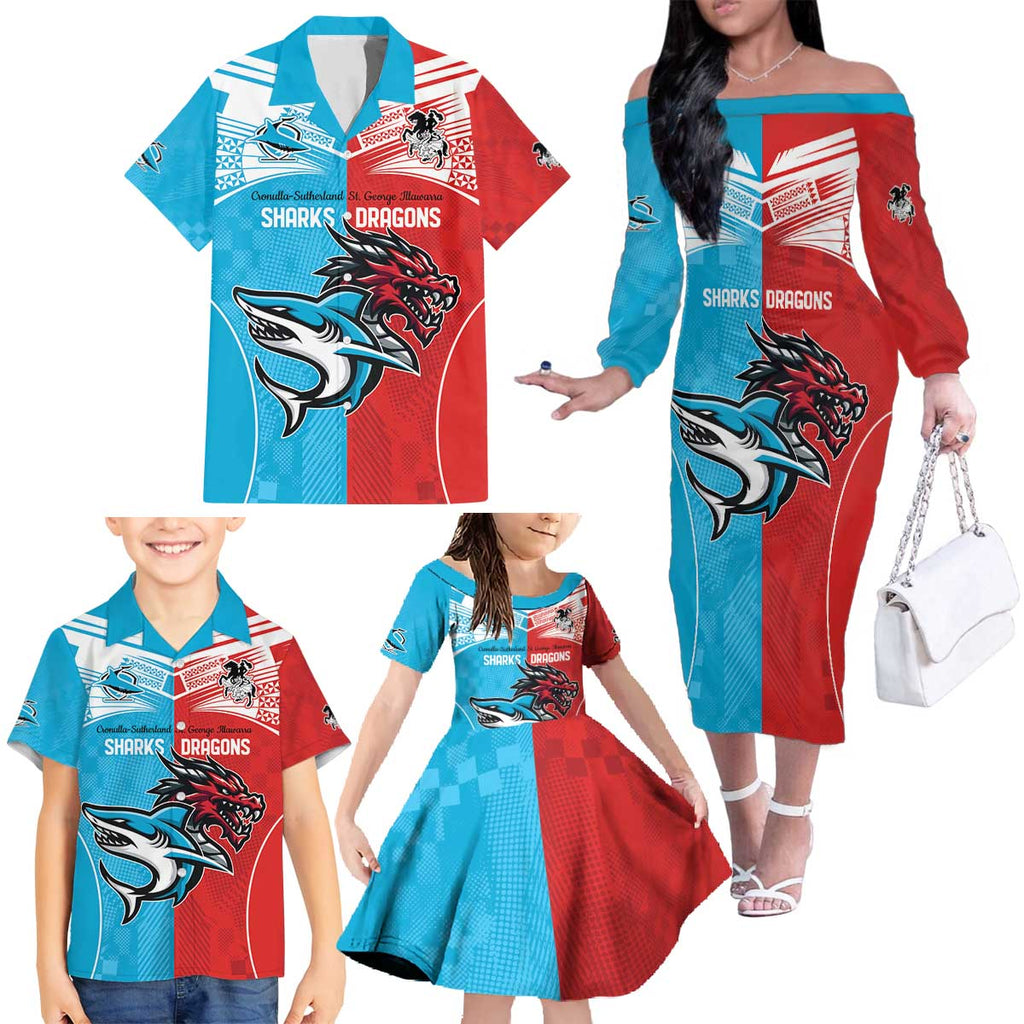 Custom Sharks-Dragons Rugby Family Matching Off The Shoulder Long Sleeve Dress and Hawaiian Shirt With Sporty Style