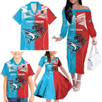 Custom Sharks-Dragons Rugby Family Matching Off The Shoulder Long Sleeve Dress and Hawaiian Shirt With Sporty Style