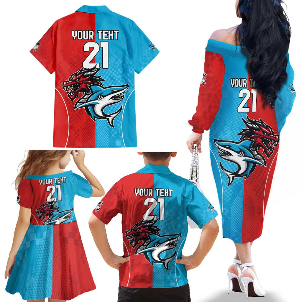 Custom Sharks-Dragons Rugby Family Matching Off The Shoulder Long Sleeve Dress and Hawaiian Shirt With Sporty Style