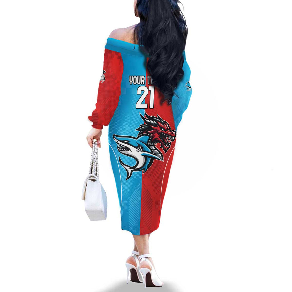Custom Sharks-Dragons Rugby Family Matching Off The Shoulder Long Sleeve Dress and Hawaiian Shirt With Sporty Style