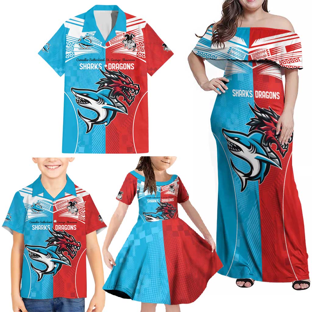 Custom Sharks-Dragons Rugby Family Matching Off Shoulder Maxi Dress and Hawaiian Shirt With Sporty Style