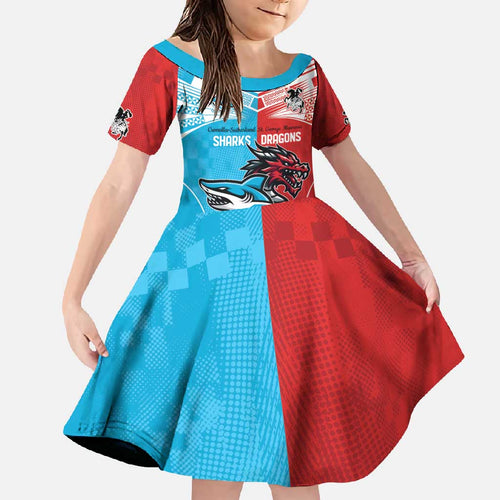 Custom Sharks-Dragons Rugby Family Matching Off Shoulder Maxi Dress and Hawaiian Shirt With Sporty Style