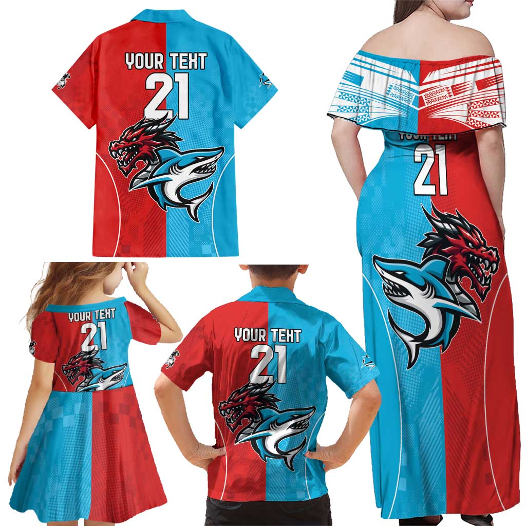 Custom Sharks-Dragons Rugby Family Matching Off Shoulder Maxi Dress and Hawaiian Shirt With Sporty Style