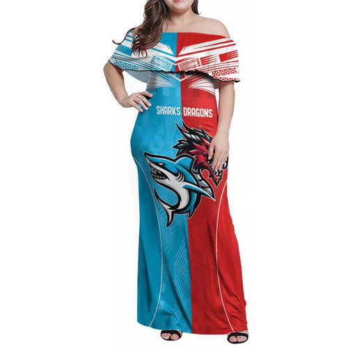 Custom Sharks-Dragons Rugby Family Matching Off Shoulder Maxi Dress and Hawaiian Shirt With Sporty Style