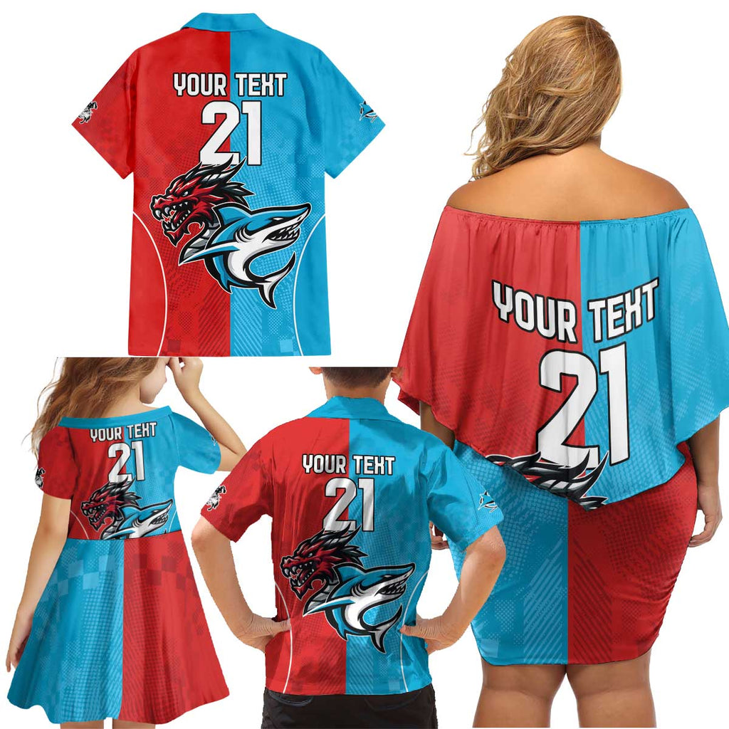 Custom Sharks-Dragons Rugby Family Matching Off Shoulder Short Dress and Hawaiian Shirt With Sporty Style
