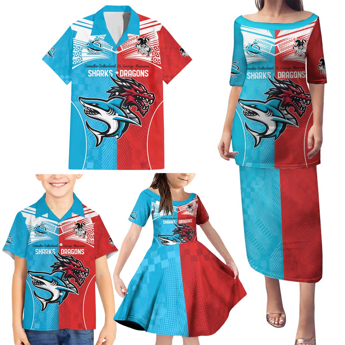 Custom Sharks-Dragons Rugby Family Matching Puletasi and Hawaiian Shirt With Sporty Style