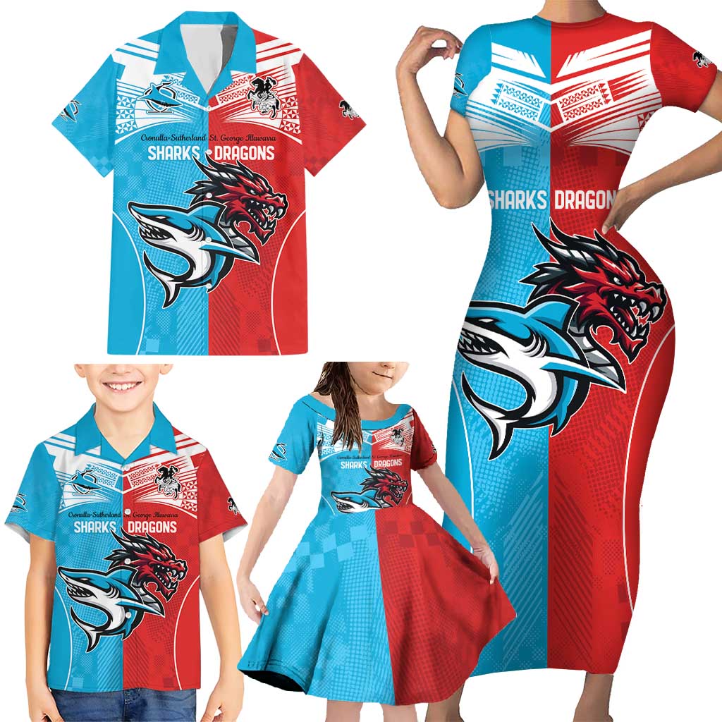 Custom Sharks-Dragons Rugby Family Matching Short Sleeve Bodycon Dress and Hawaiian Shirt With Sporty Style