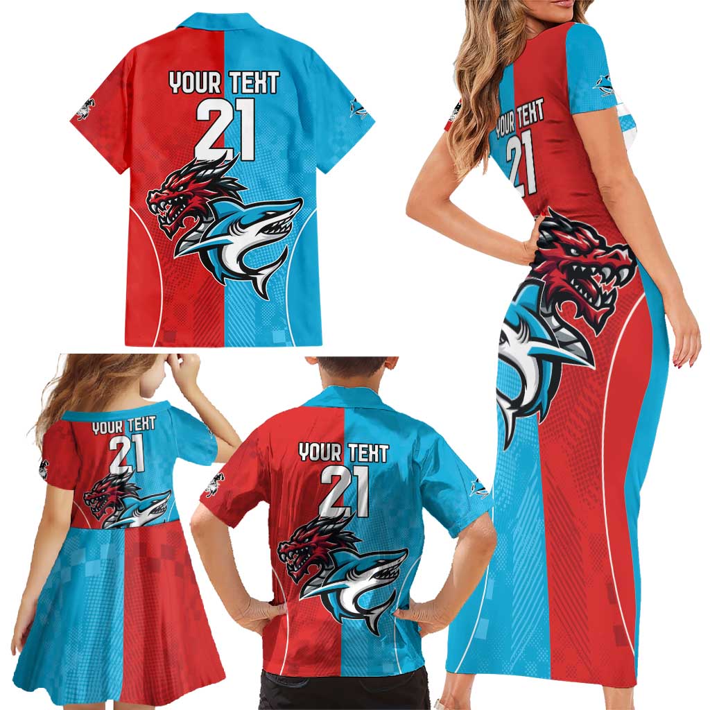 Custom Sharks-Dragons Rugby Family Matching Short Sleeve Bodycon Dress and Hawaiian Shirt With Sporty Style