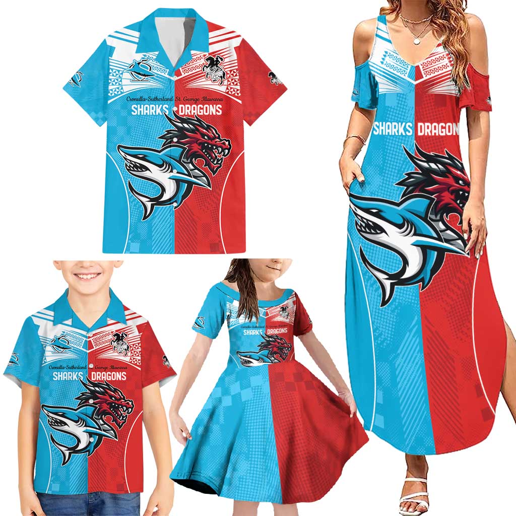 Custom Sharks-Dragons Rugby Family Matching Summer Maxi Dress and Hawaiian Shirt With Sporty Style