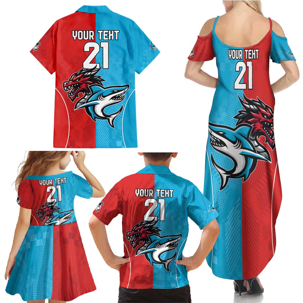 Custom Sharks-Dragons Rugby Family Matching Summer Maxi Dress and Hawaiian Shirt With Sporty Style