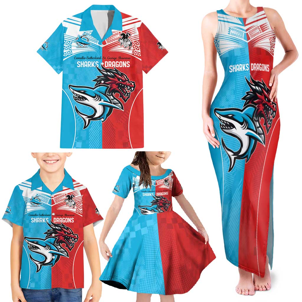 Custom Sharks-Dragons Rugby Family Matching Tank Maxi Dress and Hawaiian Shirt With Sporty Style