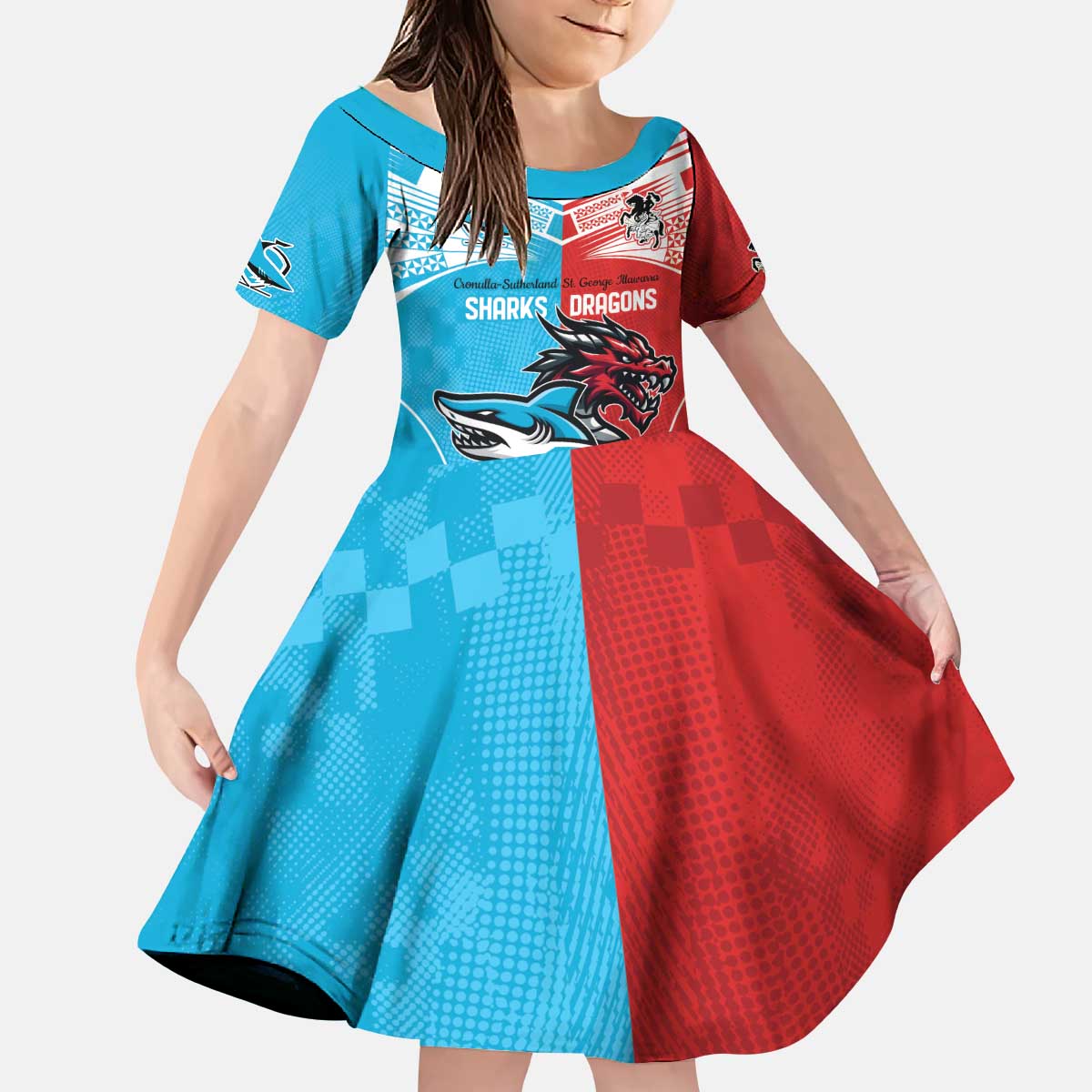 Custom Sharks-Dragons Rugby Kid Short Sleeve Dress With Sporty Style