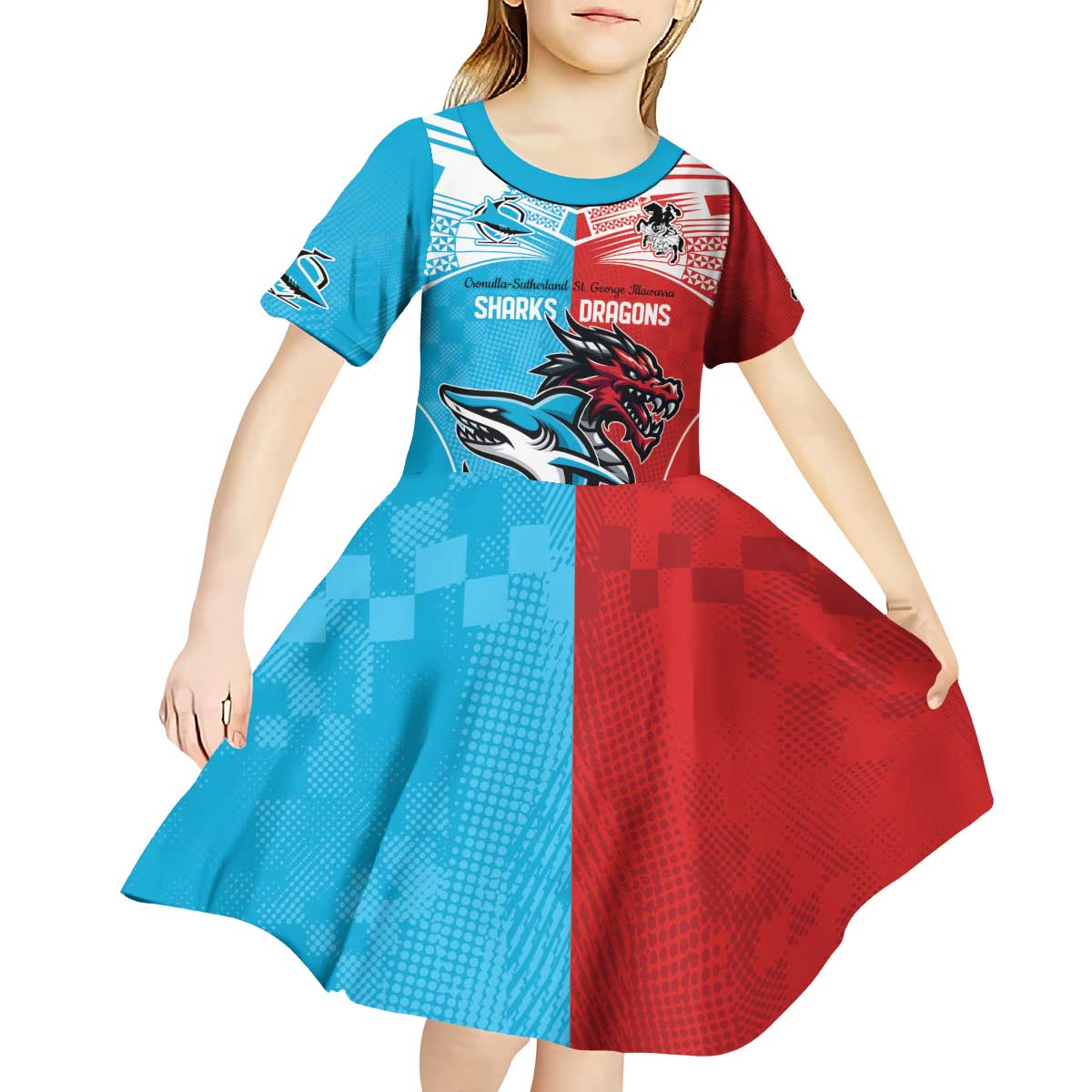 Custom Sharks-Dragons Rugby Kid Short Sleeve Dress With Sporty Style