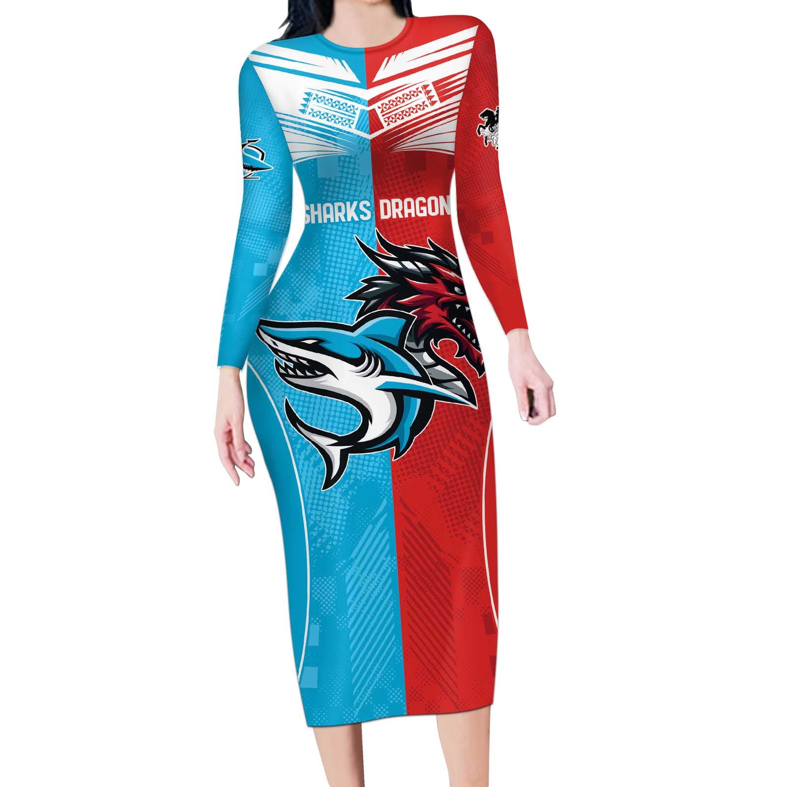 Custom Sharks-Dragons Rugby Long Sleeve Bodycon Dress With Sporty Style