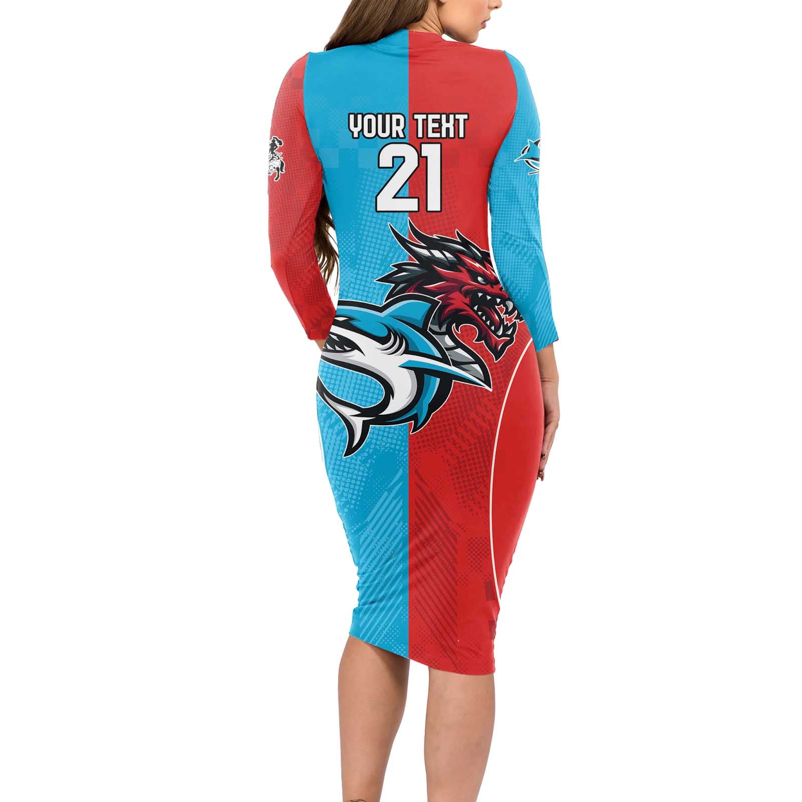 Custom Sharks-Dragons Rugby Long Sleeve Bodycon Dress With Sporty Style