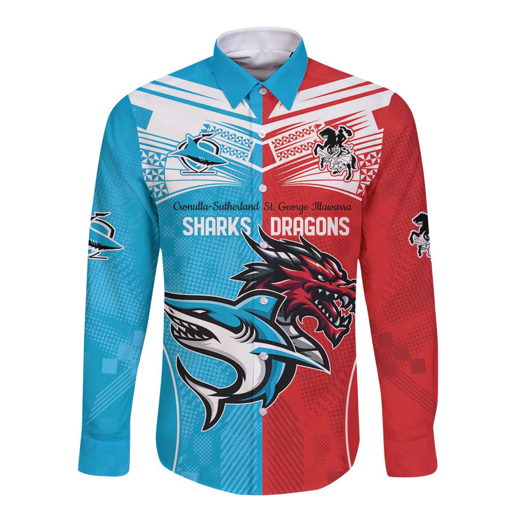 Custom Sharks-Dragons Rugby Long Sleeve Button Shirt With Sporty Style