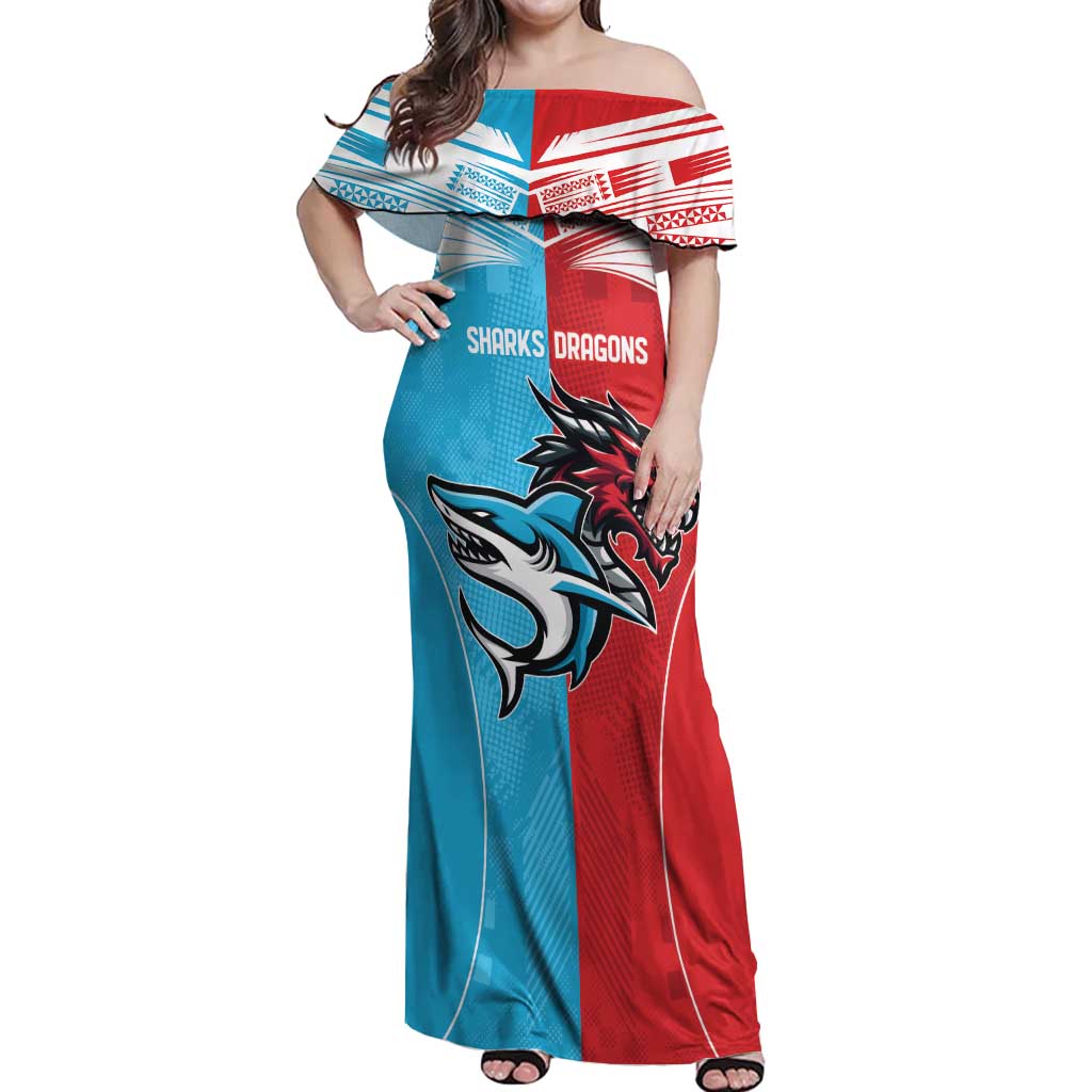 Custom Sharks-Dragons Rugby Off Shoulder Maxi Dress With Sporty Style