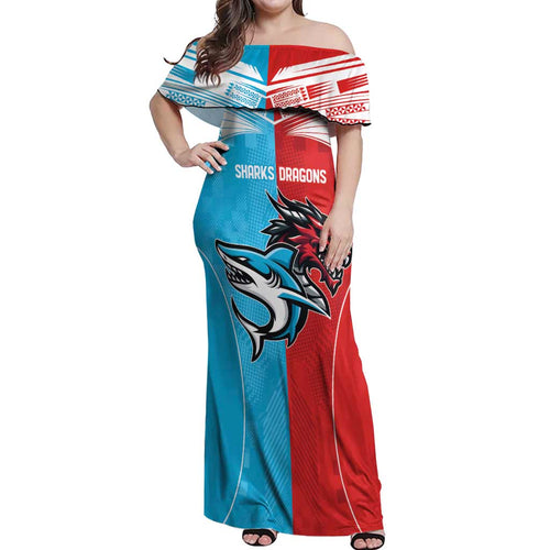Custom Sharks-Dragons Rugby Off Shoulder Maxi Dress With Sporty Style