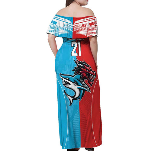 Custom Sharks-Dragons Rugby Off Shoulder Maxi Dress With Sporty Style