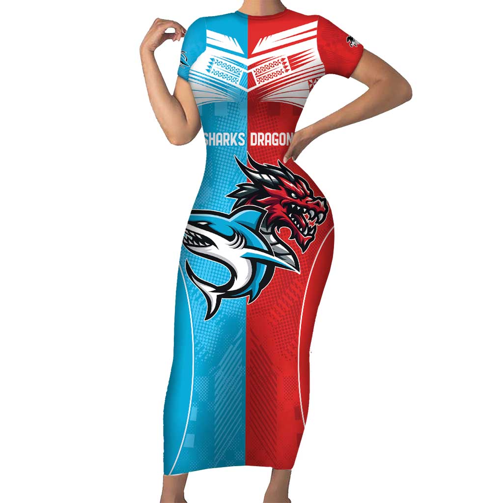 Custom Sharks-Dragons Rugby Short Sleeve Bodycon Dress With Sporty Style