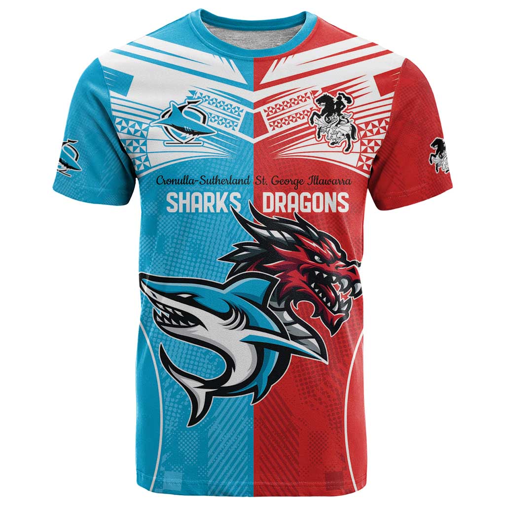 Custom Sharks-Dragons Rugby T Shirt With Sporty Style