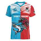 Custom Sharks-Dragons Rugby Women V-Neck T-Shirt With Sporty Style