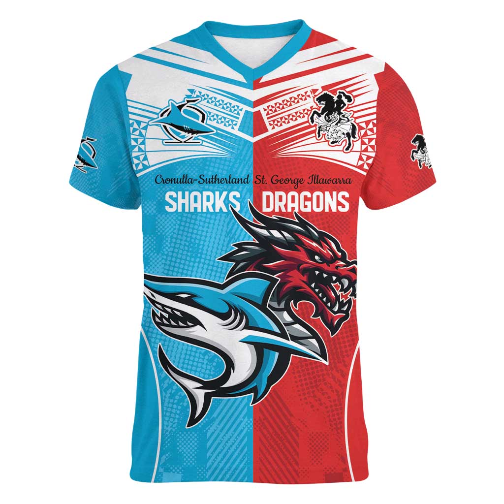 Custom Sharks-Dragons Rugby Women V-Neck T-Shirt With Sporty Style