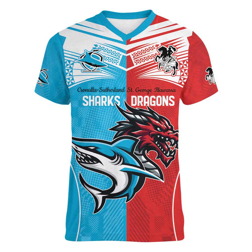 Custom Sharks-Dragons Rugby Women V-Neck T-Shirt With Sporty Style